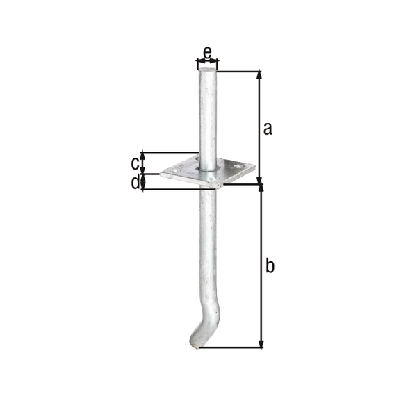 I post support with pin, Material: raw steel, Surface: hot-dip galvanised, for setting in concrete, Pin length: 100 mm, Length of concrete anchor: 200 mm, Plate length: 70 mm, Plate width: 70 mm, Pin-Ø: 16 mm, Plate thickness: 5 mm, Concrete anchor Ø: 16 mm, No. of holes: 4, Hole: Ø11 mm