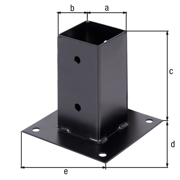 Ancre sur platine pour poteaux en bois carrés, Matériau: Acier brut, Finition: zinguée, plastifiée noire, Longueur de pot: 71 mm, Largeur de pot: 71 mm, Hauteur de pot: 150 mm, Longueur du panneau: 150 mm, Largeur du panneau: 150 mm, Nombre de trous: 8, Trou: Ø11 mm, Garantie de 15 ans contre l&apos;oxydation