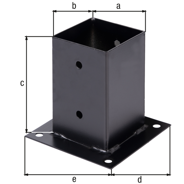 Anclaje sobre base para postes de madera cuadrados, Material: Acero crudo, Superficie: galvanizado, recubrimiento plástico en negro, Longitud de la maceta: 91 mm, Anchura de la maceta: 91 mm, Altura del tubo: 150 mm, Longitud de la pletina: 150 mm, Anchura de la pletina: 150 mm, Número de agujeros: 8, Perforación: Ø11 mm, 15 años de garantía contra la corrosión