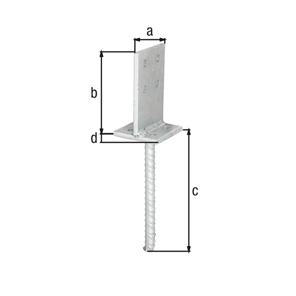 Anclaje para postes de forma T con base de fijación, Material: Acero crudo, Superficie: galvanizado en caliente, para empotrar en hormigón, Altura de la base de fijación: 80 mm, Altura de la base de fijación: 130 mm, Longitud del anclaje de hormigón: 200 mm, Longitud de la pletina: 80 mm, Grosor del material de la base de fijación: 6,00 mm, Grosor de la placa: 6 mm, Ø del anclaje: 16 mm, Número de agujeros: 8, Perforación: Ø11 mm