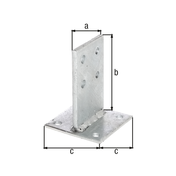 Anclaje para postes de forma T con base de fijación, Material: Acero crudo, Superficie: galvanizado en caliente, para atornillar, Altura de la base de fijación: 80 mm, Altura de la base de fijación: 130 mm, Longitud de la pletina: 100 mm, Grosor del material de la base de fijación: 8,00 mm, Grosor de la placa: 5 mm, Número de agujeros: 8, Perforación: Ø11 mm