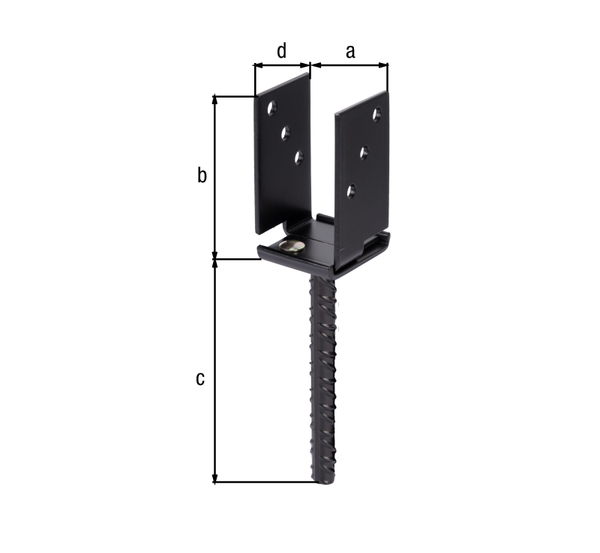 U post support with concrete anchor made of riffle steel, type: width adjustable, Material: raw steel, Surface: galvanised, black powder-coated, for setting in concrete, Clear width: 71 - 131 mm, Height: 110 mm, Length of concrete anchor: 200 mm, Depth: 70 mm, Concrete anchor Ø: 16 mm, Material thickness: 5.00 mm, No. of holes: 6, Hole: Ø11 mm, 15-year warranty against rusting through