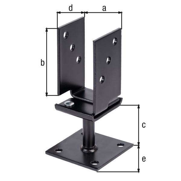 U-Pfostenträger, Ausführung: breitenverstellbar, Material: Stahl roh, Oberfläche: verzinkt, schwarz kunststoffbeschichtet, zum Aufschrauben, lichte Breite: 71 - 131 mm, Höhe: 110 mm, Bodenabstand: 70 mm, Tiefe: 70 mm, Plattenlänge: 100 mm, Riffelstahl-Ø: 19 mm, Materialstärke: 5,00 mm, Anzahl Löcher: 10, Loch: Ø11 mm, 15 Jahre Garantie gegen Durchrosten