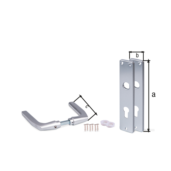 Door handle for deadbolt locks, Material: Aluminium, Surface: silver anodised, Height of long plate: 220 mm, Width of long plate: 40 mm, Width of door handle: 124 mm, Item description: one pair, perforation PC