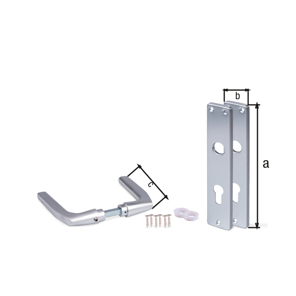 Türdrücker für Einsteckschlösser, Material: Aluminium, Oberfläche: silberfarbig eloxiert, Höhe Langschild: 220 mm, Breite Langschild: 40 mm, Türdrückerbreite: 124 mm, Artikelbeschreibung: ein Paar, PZ-Lochung