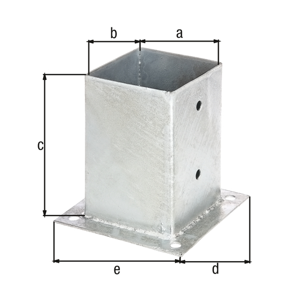 Porta palo da avvitare per pali quadri in legno, Materiale: acciaio grezzo, superficie: zincata a fuoco, Lunghezza del vaso: 101 mm, Larghezza del vaso: 101 mm, Altezza supporto: 150 mm, Lunghezza piastra: 150 mm, Larghezza piastra: 150 mm, Numero di fori: 8, Foro: Ø11 mm