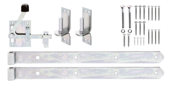 Garden gate fitting set for lattice fence single gates, with countersunk screw holes, Material: raw steel, Surface: galvanised, thick-film passivated, Contents per PU: 1 Set