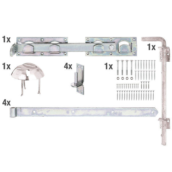 Garden gate fitting set for lattice fence double gates, with countersunk screw holes, Material: raw steel, Surface: galvanised, thick-film passivated