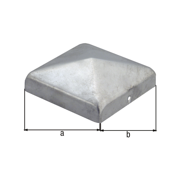 Post cap for wooden post, square, with countersunk screw holes, flat shaped, Material: raw steel, Surface: hot-dip galvanised, Length: 100 mm, Width: 100 mm