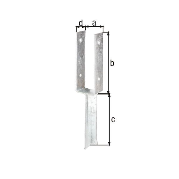 U-Pfostenträger mit Betonanker aus T-Eisen, Material: Stahl roh, Oberfläche: feuerverzinkt, zum Einbetonieren, mit CE-Kennzeichnung nach ETA-10/0210, lichte Breite: 71 mm, Höhe: 200 mm, Länge Betonanker: 200 mm, Tiefe: 50 mm, Materialstärke: 4,00 mm, Anzahl Löcher: 4, Loch: Ø11 mm