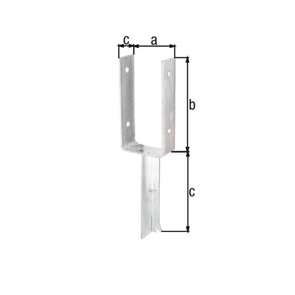 U-Pfostenträger mit Betonanker aus T-Eisen, Material: Stahl roh, Oberfläche: feuerverzinkt, zum Einbetonieren, mit CE-Kennzeichnung nach ETA-10/0210, lichte Breite: 101 mm, Höhe: 200 mm, Länge Betonanker: 200 mm, Tiefe: 50 mm, Materialstärke: 4,00 mm, Anzahl Löcher: 4, Loch: Ø11 mm