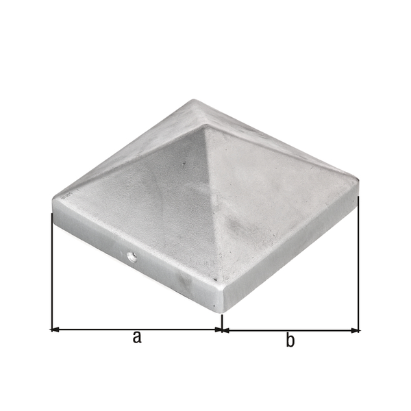 Capuchon de poteau pour poteaux en bois carré, forme haute, avec trous de vis fraisés, Matériau: Fonte d’aluminium, Finition: brute, Longueur: 120 mm, Largeur: 120 mm