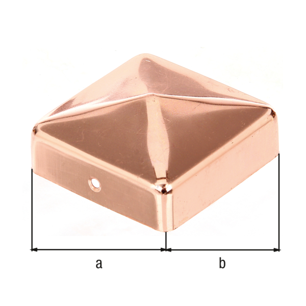 Pfostenkappe für Holzpfosten, eckig, mit versenkten Schraublöchern, flache Form, Material: Kupfer, Oberfläche: zaponiert (Korrosionsschutz durch Klarlack), Länge: 70 mm, Breite: 70 mm