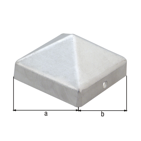 Post cap for wooden post, high shape, with countersunk screw holes, Material: cast aluminium, Surface: raw, Length: 111 mm, Width: 111 mm