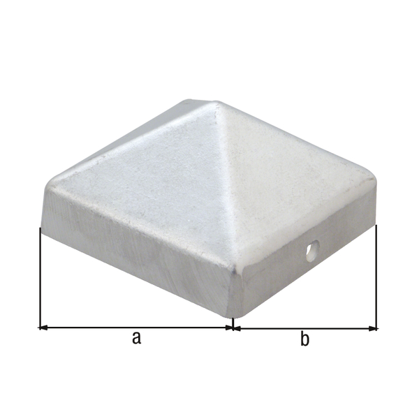 Capuchón para poste de madera, modelo alto, con agujeros para atornillar avellanados, Material: Fundición de aluminio, Superficie: bruto, Longitud: 111 mm, Anchura: 111 mm