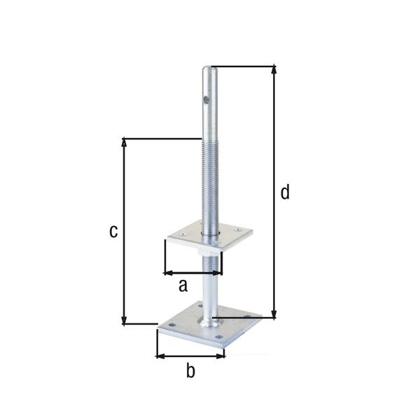 Anclaje para postes de forma I, modelo: ajustable en altura, Material: Acero crudo, Superficie: galvanizado, pasivado con capa gruesa, para atornillar, 80 mm, Longitud y anchura de la pletina abajo: 100 mm, Distancia respecto al suelo: 100 - 230 mm, Altura: 340 mm, Roscado: M22, Número de agujeros: 1 / 8, Perforación: Ø20 / Ø9 mm