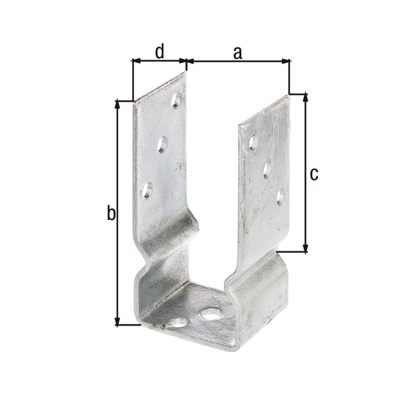 U post support, Material: raw steel, Surface: hot-dip galvanised, for screwing on, with CE marking in accordance with ETA-10/0210, Clear width: 71 mm, Total height: 150 mm, Single stand height: 100 mm, Depth: 60 mm, Material thickness: 4.00 mm, No. of holes: 8 / 1, Hole: Ø11 / Ø14 mm