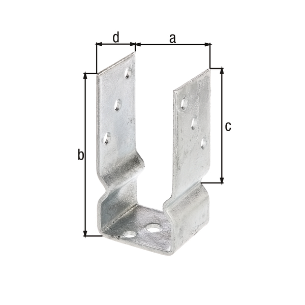 U-Pfostenträger, Material: Stahl roh, Oberfläche: feuerverzinkt, zum Aufschrauben, mit CE-Kennzeichnung nach ETA-10/0210, lichte Breite: 71 mm, Gesamthöhe: 150 mm, Einstandshöhe: 100 mm, Tiefe: 60 mm, Materialstärke: 4,00 mm, Anzahl Löcher: 8 / 1, Loch: Ø11 / Ø14 mm