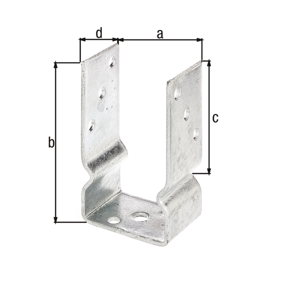 U post support, Material: raw steel, Surface: hot-dip galvanised, for screwing on, with CE marking in accordance with ETA-10/0210, Clear width: 81 mm, Total height: 150 mm, Single stand height: 100 mm, Depth: 60 mm, Material thickness: 4.00 mm, No. of holes: 8 / 1, Hole: Ø11 / Ø14 mm
