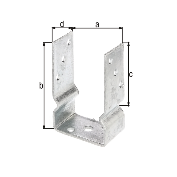 Anclaje para postes de forma U, Material: Acero crudo, Superficie: galvanizado en caliente, para atornillar, con distintivo CE conforme a ETA-10/0210, Anchura de apertura: 91 mm, Altura total: 150 mm, Altura de extensión: 100 mm, Profundidad: 60 mm, Espesura del material: 4,00 mm, Número de agujeros: 8 / 1, Perforación: Ø11 / Ø14 mm