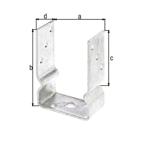 U post support, Material: raw steel, Surface: hot-dip galvanised, for screwing on, with CE marking in accordance with ETA-10/0210, Clear width: 101 mm, Total height: 150 mm, Single stand height: 100 mm, Depth: 60 mm, Material thickness: 4.00 mm, No. of holes: 8 / 1, Hole: Ø11 / Ø14 mm