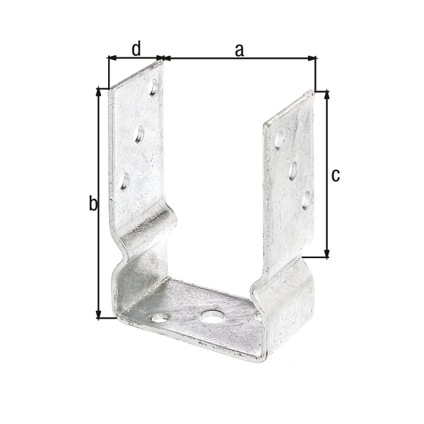 Staffa porta palo ad U, Materiale: acciaio grezzo, superficie: zincata a fuoco, da avvitare, con marcatura CE ai sensi della ETA-10/0210, larghezza netta: 101 mm, altezza totale: 150 mm, Altezza iniziale: 100 mm, Profondità: 60 mm, Spessore del materiale: 4,00 mm, Numero di fori: 8 / 1, Foro: Ø11 / Ø14 mm