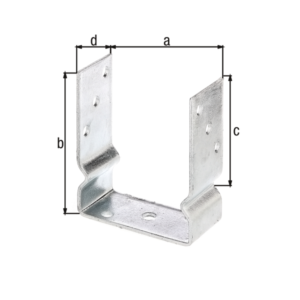 U post support, Material: raw steel, Surface: hot-dip galvanised, for screwing on, with CE marking in accordance with ETA-10/0210, Clear width: 121 mm, Total height: 150 mm, Single stand height: 100 mm, Depth: 60 mm, Material thickness: 4.00 mm, No. of holes: 8 / 1, Hole: Ø11 / Ø14 mm