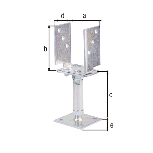 U post support, type: height and width adjustable, Material: raw steel, Surface: galvanised, thick-film passivated, for screwing on, Clear width: 71 - 161 mm, Height: 120 mm, Distance from ground: 150 - 190 mm, Depth: 70 mm, Plate length: 100 mm, Plate thickness: 5 mm, Material thickness: 5.00 mm, No. of holes: 10, Hole: Ø11 mm