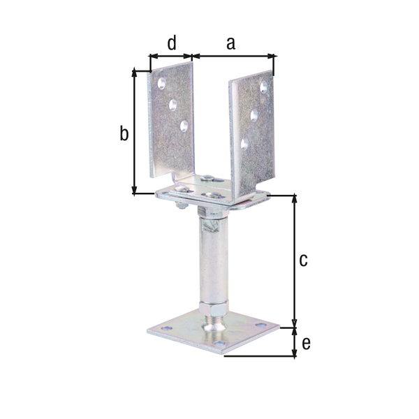 U-Pfostenträger, Ausführung: höhen- und breitenverstellbar, Material: Stahl roh, Oberfläche: galvanisch verzinkt, Dickschichtschutz, zum Aufschrauben, lichte Breite: 71 - 161 mm, Höhe: 120 mm, Bodenabstand: 150 - 190 mm, Tiefe: 70 mm, Plattenlänge: 100 mm, Plattenstärke: 5 mm, Materialstärke: 5,00 mm, Anzahl Löcher: 10, Loch: Ø11 mm