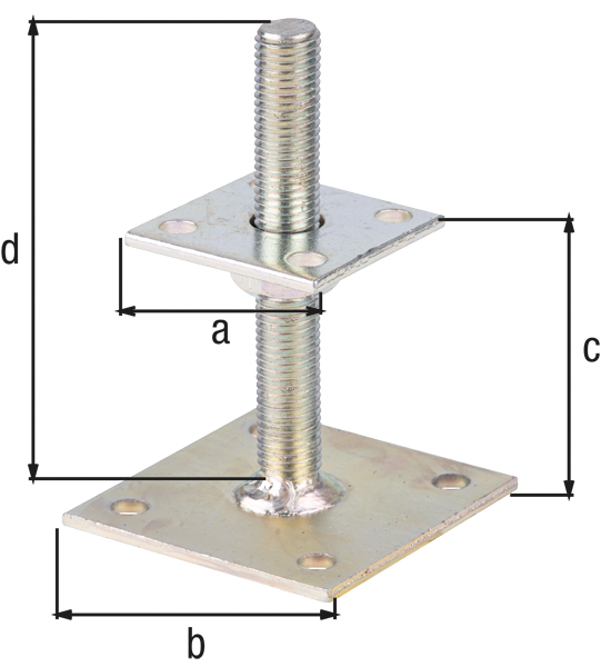 I-Pfostenträger, Ausführung: höhenverstellbar, Material: Stahl roh, Oberfläche: galvanisch verzinkt, Dickschichtschutz, zum Aufschrauben, Plattenlänge oben: 70 mm, Plattenlänge unten: 100 mm, Bodenabstand: 30 - 150 mm, Gewindelänge: 150 mm, Materialstärke: 5,00 mm, Gewinde: M20, Anzahl Löcher: 8, Loch: Ø11 mm