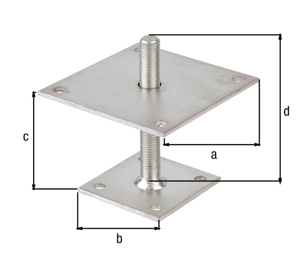 Staffa porta palo ad I, modello regolabile in altezza, Materiale: acciaio grezzo, superficie: galvanizzata, passivata a strato spesso, da avvitare, 150 mm, Lunghezza e larghezza piastra inferiore: 100 mm, Altezza dal suolo: 30 - 150 mm, 150 mm, Spessore del materiale: 5,00 mm, Filettatura: M20, Numero di fori: 8, Foro: Ø11 mm