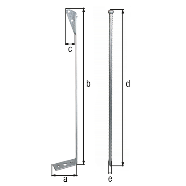 Ground anchor, Material: raw steel, Surface: hot-dip galvanised, Width at lower support surface: 109 mm, Total length storm anchor: 637 mm, Width of upper support surface: 50 mm, Total length of ground nail: 700 mm, Ground nail dia.: 12 mm, Flat iron: 40 x 5 mm, Hole: Ø9 / Ø16 mm