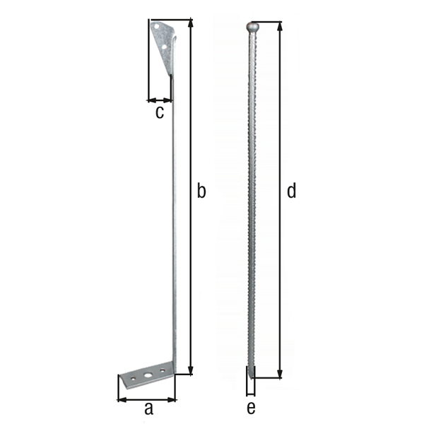 Ancre, Matériau: Acier brut, Finition: galvanisée à chaud, Large surface d'appui inférieure: 109 mm, Longueur totale de l'ancre anti-tempête: 637 mm, Large surface d'appui supérieure: 50 mm, Longueur totale du piquet: 700 mm, Ø de la cheville: 12 mm, Acier plat: 40 x 5 mm, Trou: Ø9 / Ø16 mm