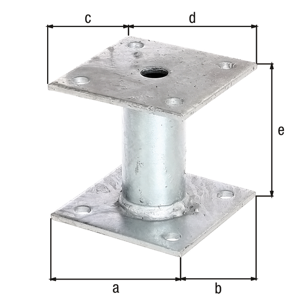 Anclaje para postes, Material: Acero crudo, Superficie: galvanizado en caliente, para atornillar, Longitud de la pletina abajo: 100 mm, Anchura de la pletina abajo: 100 mm, 100 mm, 100 mm, Distancia borde interior pletina superior - borde interior pletina inferior: 100 mm, Grosor de la placa: 5 mm, Ø del tubo: 42 mm, Número de agujeros: 8, Perforación: Ø10 mm, 15 años de garantía contra la corrosión