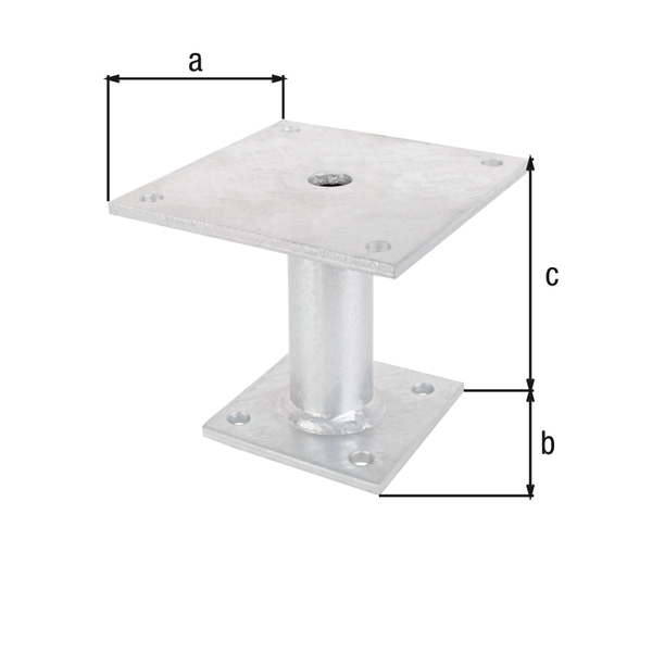 Post support, Material: raw steel, Surface: hot-dip galvanised, for screwing on, Plate length at top: 150 mm, Plate length at bottom: 100 mm, Floor clearance: 100 mm, Height: 100 mm, Plate thickness: 5 mm, Tube Ø: 42 mm, No. of holes: 8, Hole: Ø11 mm, 15-year warranty against rusting through