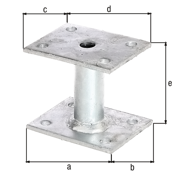 Post support, Material: raw steel, Surface: hot-dip galvanised, for screwing on, Plate length at bottom: 90 mm, Plate width at bottom: 70 mm, Plate length at top: 70 mm, Plate width at bottom: 90 mm, Distance inside edge top plate - inside edge bottom plate: 78 mm, Plate thickness: 4 mm, Tube Ø: 27 mm, No. of holes: 8, Hole: Ø9 mm, 15-year warranty against rusting through