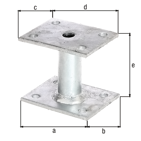 Anclaje para postes, Material: Acero crudo, Superficie: galvanizado en caliente, para atornillar, Longitud de la pletina abajo: 90 mm, Anchura de la pletina abajo: 70 mm, 70 mm, 90 mm, Distancia borde interior pletina superior - borde interior pletina inferior: 78 mm, Grosor de la placa: 4 mm, Ø del tubo: 27 mm, Número de agujeros: 8, Perforación: Ø9 mm, 15 años de garantía contra la corrosión