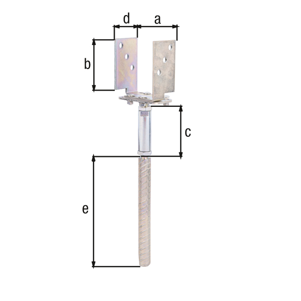 U-Pfostenträger mit Betonanker aus Riffelstahl, Ausführung: höhen- und breitenverstellbar, Material: Stahl roh, Oberfläche: galvanisch verzinkt, Dickschichtschutz, zum Einbetonieren, lichte Breite: 71 - 161 mm, Höhe: 110 mm, Bodenabstand: 125 - 185 mm, Tiefe: 70 mm, Länge Betonanker: 250 mm, Betonanker-Ø: 24 mm, Materialstärke: 5,00 mm, Anzahl Löcher: 6, Loch: Ø11 mm