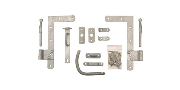 Garden gate fitting set for single sectional gates, with countersunk screw holes, Material: raw steel, Surface: hot-dip galvanised