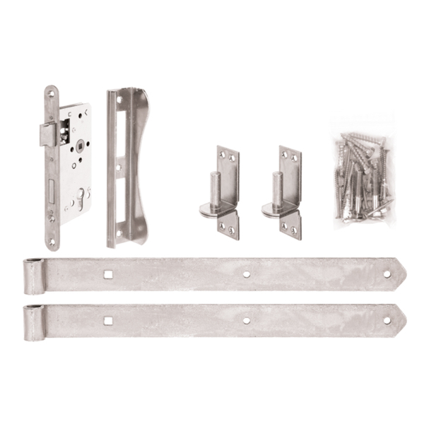 Garden gate fitting set for single frame gates, with countersunk screw holes, Material: raw steel, Surface: yellow galvanised