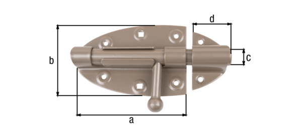 DURAVIS® Bolt lock with round handle, with countersunk screw holes, Material: steel, blue galvanised, Surface: pearl beige duplex-coated RAL 1035, Plate length: 112 mm, Plate width: 72 mm, Bolt-Ø: 16 mm, Loop width: 36 mm, No. of holes: 4 / 2 / 2, Hole: Ø5 / 5 x 5 / Ø5 mm, 20-year warranty against rusting through