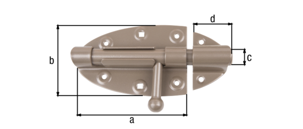 DURAVIS® Bolt lock with round handle, with countersunk screw holes, Material: steel, blue galvanised, Surface: pearl beige duplex-coated RAL 1035, Plate length: 112 mm, Plate width: 72 mm, Bolt-Ø: 16 mm, Loop width: 36 mm, No. of holes: 4 / 2 / 2, Hole: Ø5 / 5 x 5 / Ø5 mm, 20-year warranty against rusting through, CutCase