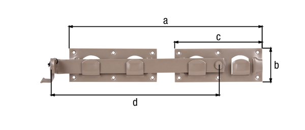 DURAVIS® Double gate hasp, with countersunk screw holes, Material: steel, blue galvanised, Surface: pearl beige duplex-coated RAL 1035, individual parts attached with cable ties, Length: 423 mm, Plate length: 180 mm, Plate width: 70 mm, Length of hasp: 333 mm, No. of holes: 12, Hole: Ø5 mm, 20-year warranty against rusting through