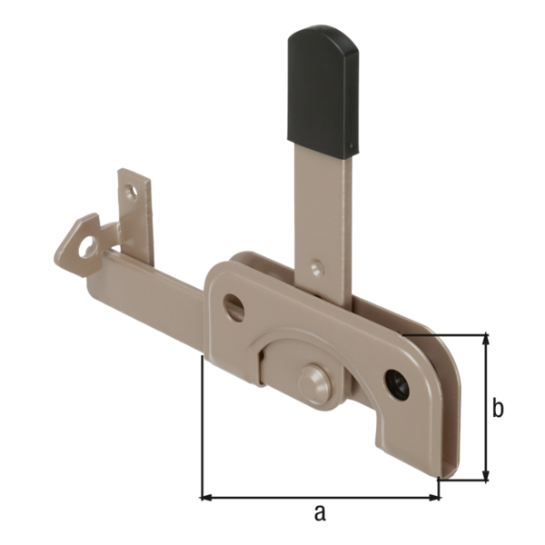DURAVIS® Garden gate latch, especially for narrow frame timbers, with countersunk screw holes, with door latch, Material: steel, blue galvanised, Surface: pearl beige duplex-coated RAL 1035, Plate length: 120 mm, Plate width: 50 mm, No. of holes: 2 / 4, Hole: Ø5.5 / Ø6.5 mm, 20-year warranty against rusting through