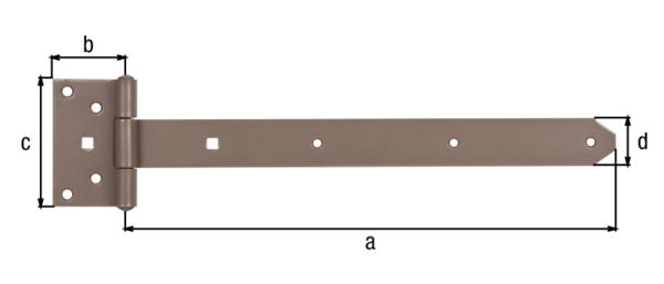 DURAVIS® Tee hinge, with riveted pin, Material: steel, blue galvanised, Surface: pearl beige duplex-coated RAL 1035, Belt length: 391 mm, Hinge width: 59 mm, Hinge length: 103 mm, Belt width: 40 mm, Material thickness: 3.50 mm, No. of holes: 7 / 2, Hole: Ø6.5 / 9 x 9 mm, 20-year warranty against rusting through
