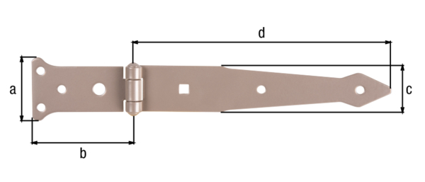 DURAVIS® Strap hinge, with riveted pin, Material: steel, blue galvanised, Surface: pearl beige duplex-coated RAL 1035, Belt length: 202 mm, Hinge width: 77 mm, Hinge length: 48 mm, Belt width: 35 mm, Type: light, Material thickness: 2.50 mm, No. of holes: 5 / 1 / 1, Hole: Ø6 / Ø9 / 7 x 7 mm, 20-year warranty against rusting through, CutCase