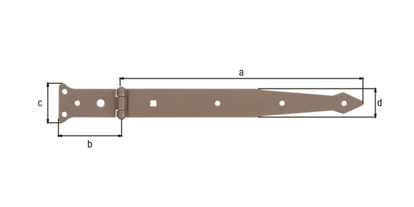 DURAVIS® Strap hinge, with riveted pin, Material: steel, blue galvanised, Surface: pearl beige duplex-coated RAL 1035, Belt length: 302 mm, Hinge width: 77 mm, Hinge length: 48 mm, Belt width: 35 mm, Type: light, Material thickness: 2.50 mm, No. of holes: 6 / 1 / 1, Hole: Ø6 / Ø9 / 7 x 7 mm, 20-year warranty against rusting through
