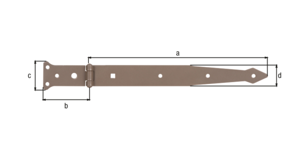 DURAVIS® Werfgehänge, mit vernietetem Stift, Material: Stahl, blau verzinkt, Oberfläche: perlbeige duplexbeschichtet RAL 1035, Bandlänge: 302 mm, Scharnierbreite: 77 mm, Scharnierlänge: 48 mm, Bandbreite: 35 mm, Ausführung: leicht, Materialstärke: 2,50 mm, Anzahl Löcher: 6 / 1 / 1, Loch: Ø6 / Ø9 / 7 x 7 mm, 20 Jahre Garantie gegen Durchrosten