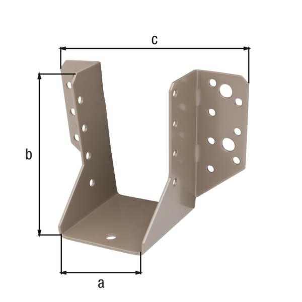 DURAVIS® Balkenschuh, Typ A, Material: Stahl, sendzimirverzinkt, Oberfläche: perlbeige duplexbeschichtet RAL 1035, mit CE-Kennzeichnung nach ETA-08/0171, lichte Breite: 60 mm, Höhe: 100 mm, Gesamtbreite: 138 mm, Materialstärke: 2,00 mm, Anzahl Löcher: 4 / 22, Loch: Ø9 / Ø5 mm, 20 Jahre Garantie gegen Durchrosten