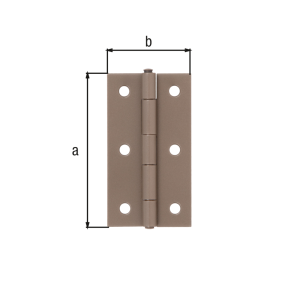 DURAVIS® Hinge, narrow, with riveted stainless steel pin, with countersunk screw holes, Material: steel, sendzimir galvanised, Surface: pearl beige duplex-coated RAL 1035, Length: 80 mm, Width: 40 mm, Type: rolled, Material thickness: 1.25 mm, No. of holes: 6, Hole: Ø5.2 mm, 20-year warranty against rusting through